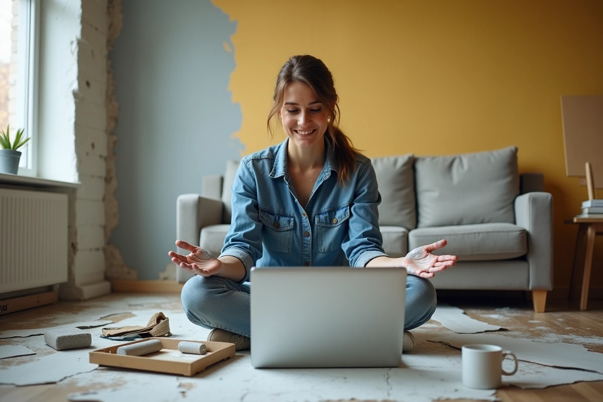 Femme suivant un cours de bricolage en ligne sur ordinateur portable entourée de matériaux de rénovation low-cost dans un appartement en travaux