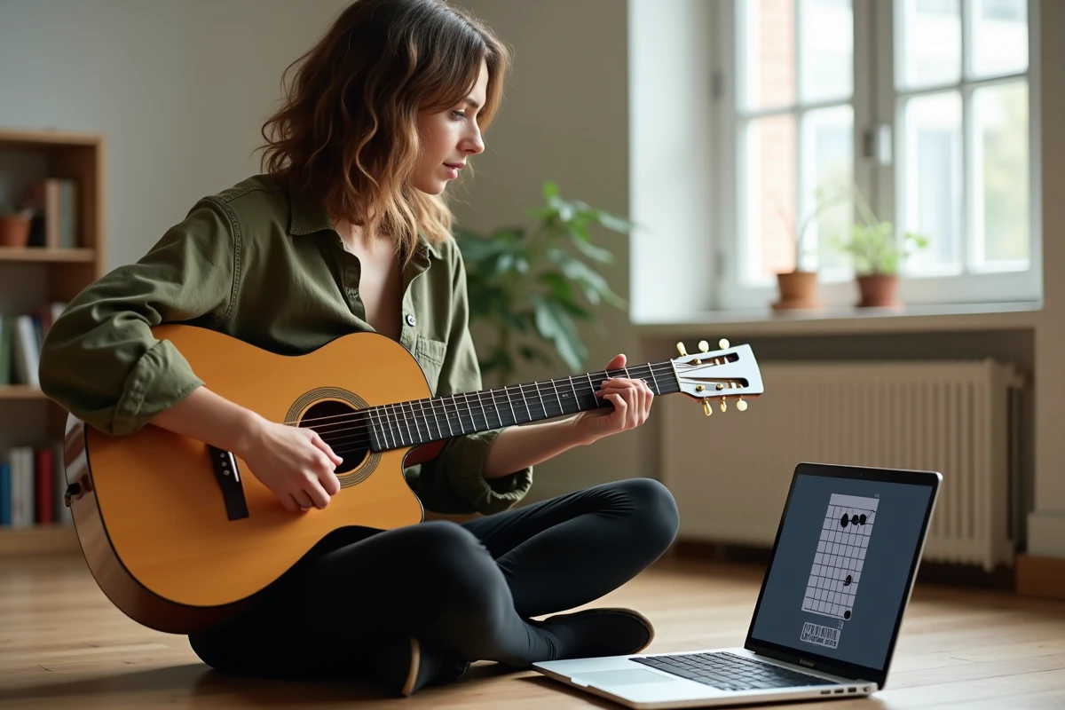 Femme apprenant la guitare électro-acoustique en ligne depuis son salon avec un cours de blues affiché sur son ordinateur portable