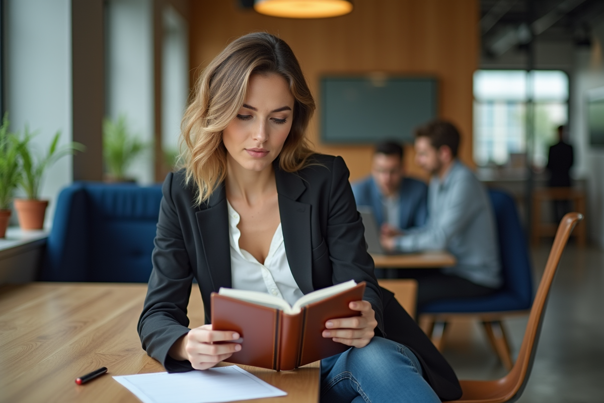 Femme en coworking concentrée sur ses notes