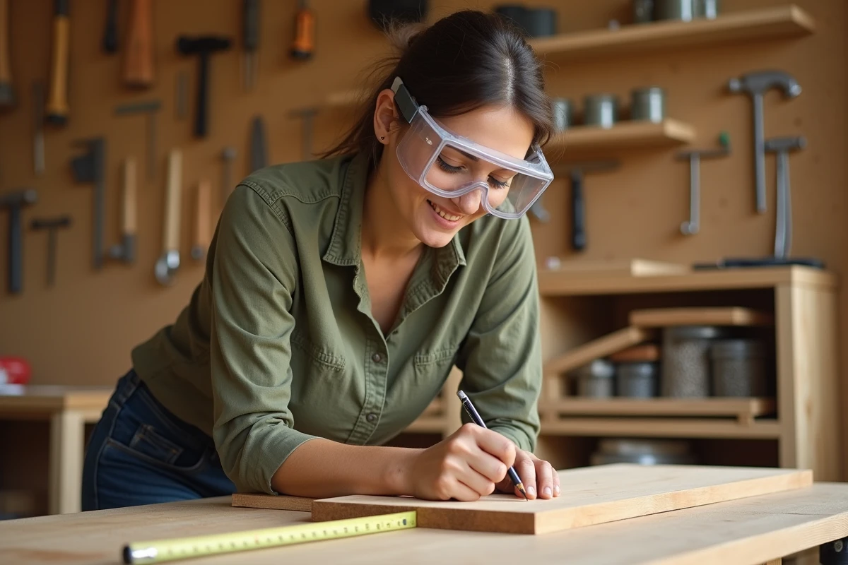 Femme débutante en bricolage mesurant une planche de bois dans un atelier maison organisé