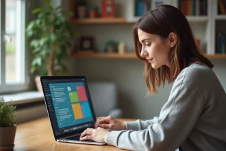 Femme débutante apprenant à utiliser Canva sur son ordinateur portable dans un bureau à domicile
