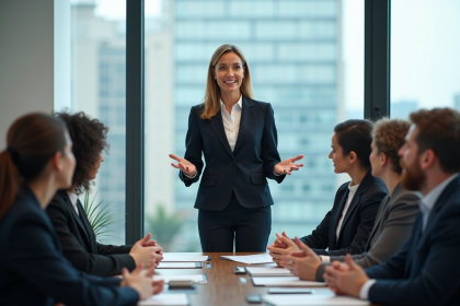 Femme en costume dirigeant une réunion en entreprise