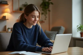 Jeune femme utilisant l'ENT HEF sur un ordinateur portable dans un bureau à domicile chaleureux, découvrant des fonctions cachées de la plateforme éducative