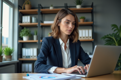 Femme d'affaires analysant des graphiques financiers au bureau
