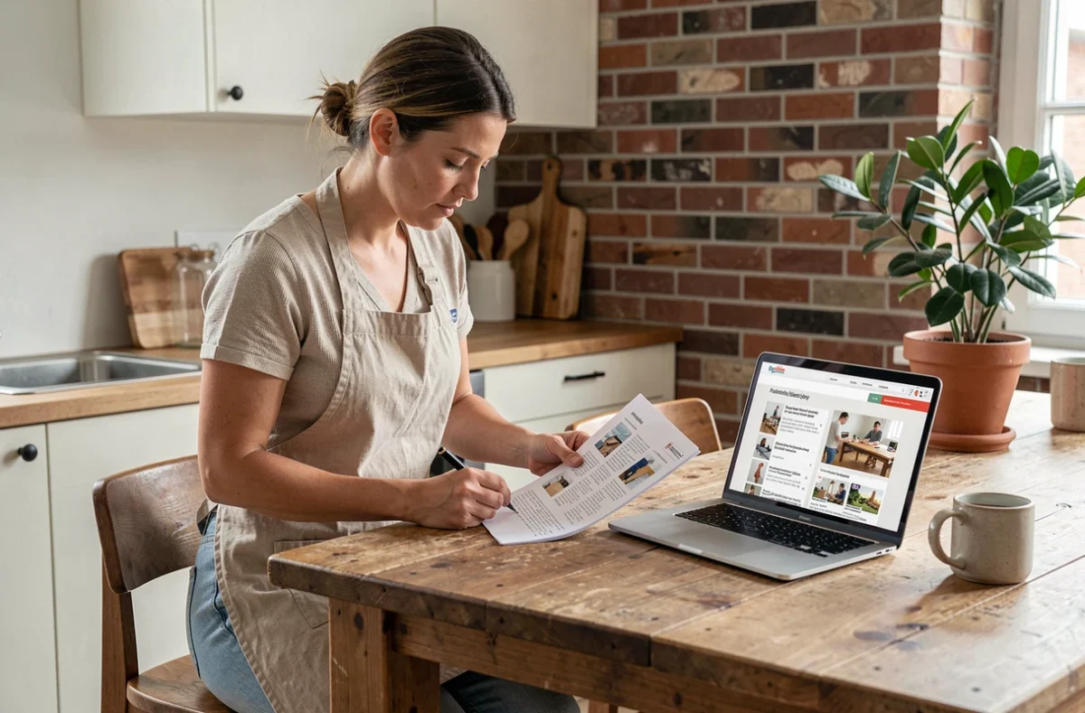 Femme consultant un programme de formation bricolage CPF sur ordinateur à domicile