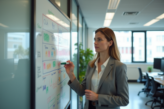 Femme en blazer expliquant un workflow dans un bureau moderne