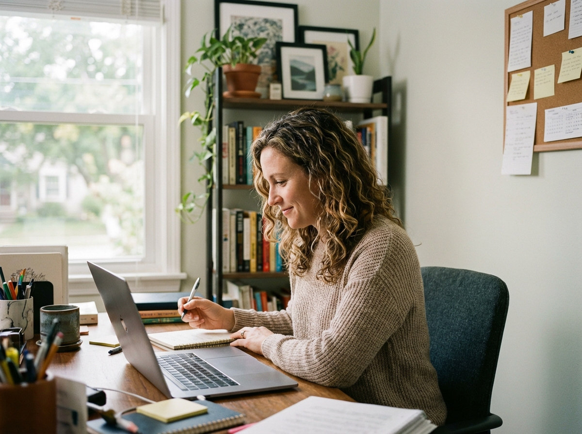 Femme assise à son bureau dans un home office cosy