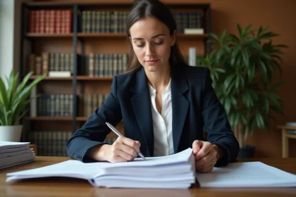 Femme juriste révisant des questions de naturalisation corrigées à son bureau avec des documents légaux annotés