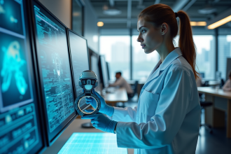 Jeune femme dans un laboratoire moderne avec équipements futuristes