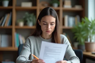 Femme lisant attentivement un contrat d'abonnement à un magazine en ligne, stylo en main, dans un bureau à domicile moderne