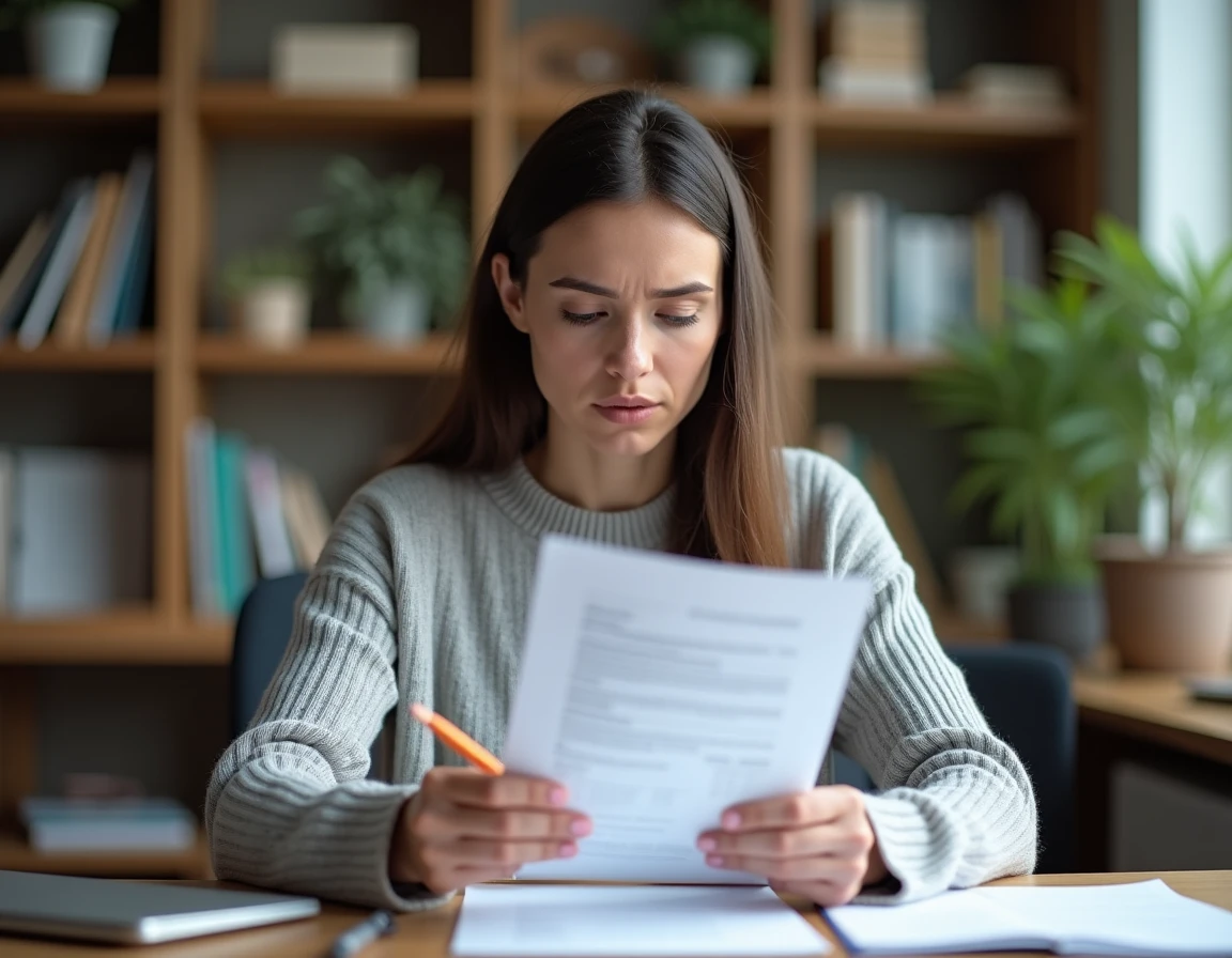 Femme lisant attentivement un contrat d'abonnement à un magazine en ligne, stylo en main, dans un bureau à domicile moderne