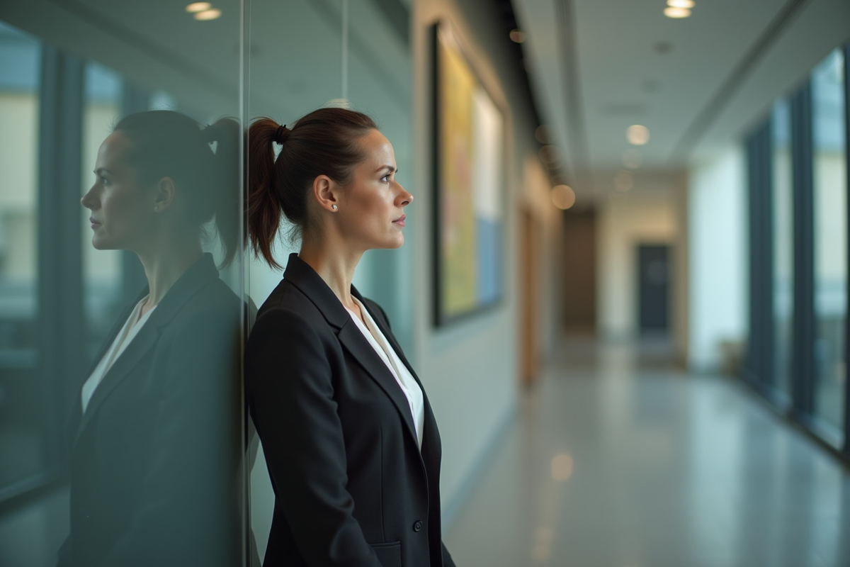 Femme regardant son reflet dans un couloir moderne