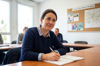 Femme attentive prenant des notes en formation à ChemilléenAnjou