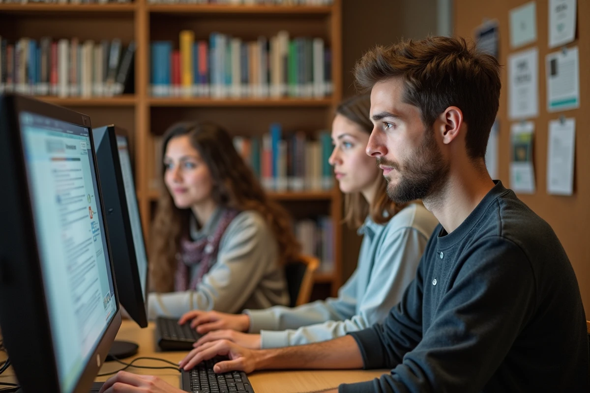 Femme et jeune homme apprenant sur ordinateur en biblioth&egrave;que