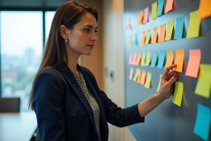 Femme en blazer navy arrangeant des notes colorées dans une salle de réunion