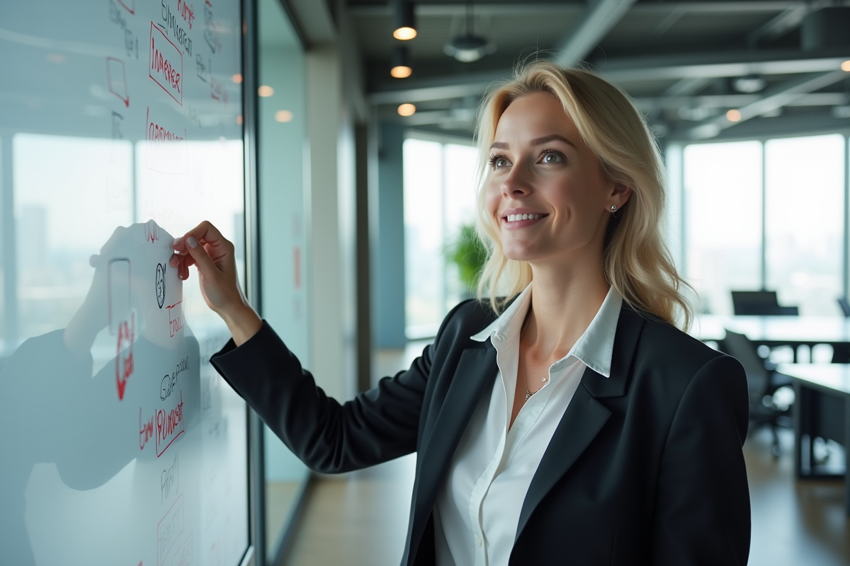 Jeune femme présentant des idées dans un bureau moderne