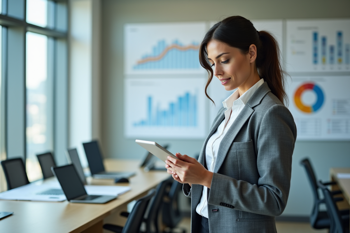 Femme professionnelle en bureau avec graphiques et données