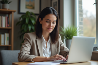 Femme en bureau recherchant emploi sur son ordinateur