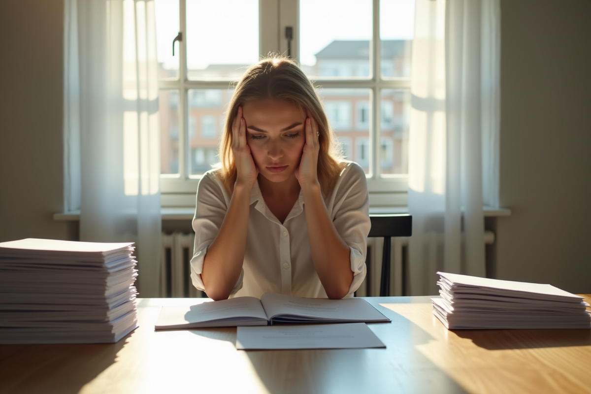 Jeune femme réfléchissant avec documents sur la table