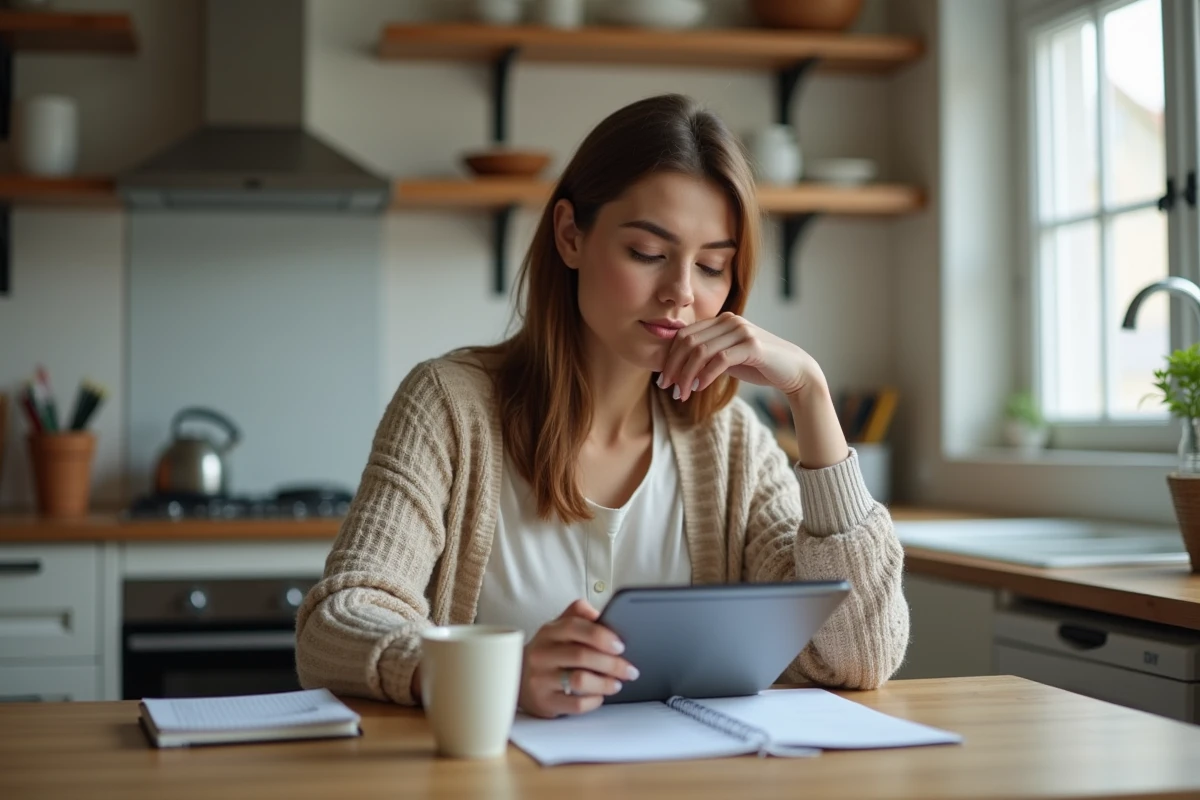 Femme pensive vérifiant ses résultats sur une tablette à la maison