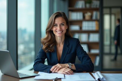 Femme confiante en costume navy dans un bureau moderne