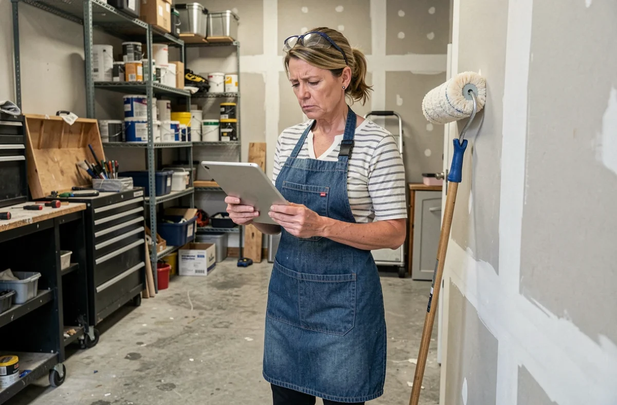 Femme perplexe consultant une tablette dans un garage de bricolage, symbolisant les difficultés rencontrées par les nouveaux utilisateurs d'un site de formation au bricolage