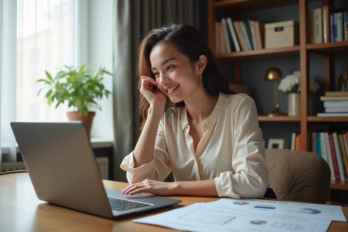 Jeune femme consultant les résultats de son test d'orientation professionnelle sur un bureau en bois avec un ordinateur portable