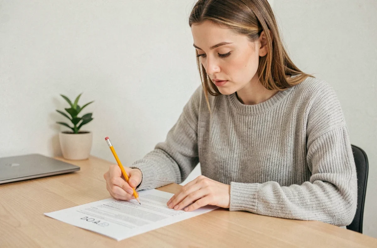 Femme concentrée remplissant un test de QI sérieux sur papier dans un bureau minimaliste à domicile