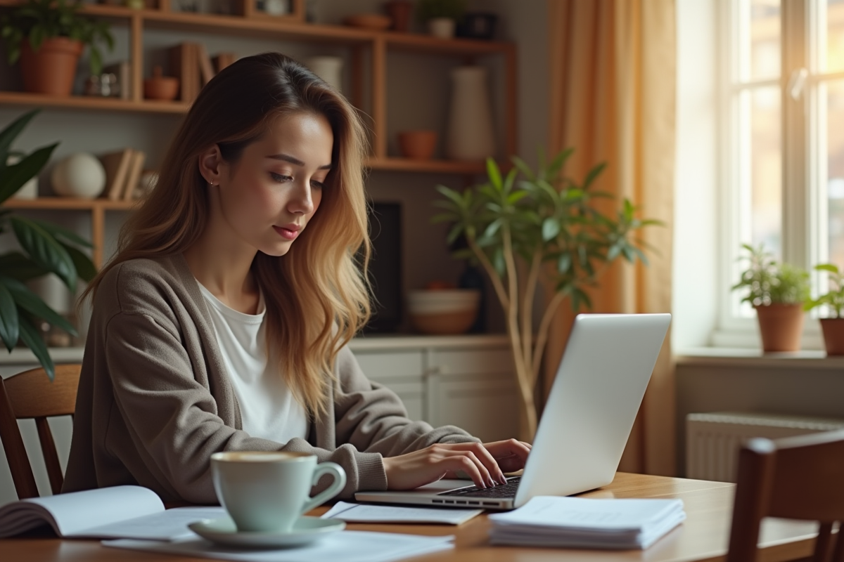 Jeune femme travaillant sur son ordinateur dans un espace cosy