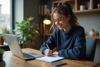 Jeune femme concentrée travaillant à domicile avec son ordinateur