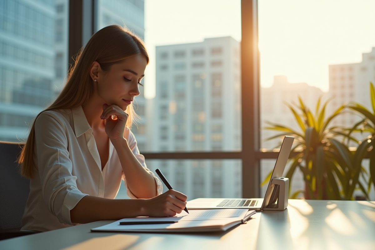 Jeune femme professionnelle écrivant ses objectifs au bureau
