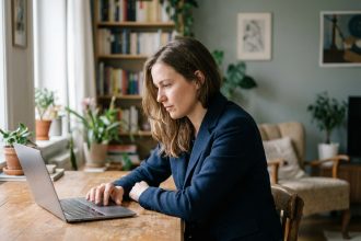 Jeune femme concentrée sur son ordinateur dans un intérieur cosy