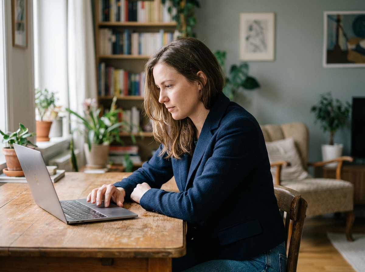 Jeune femme concentrée sur son ordinateur dans un intérieur cosy