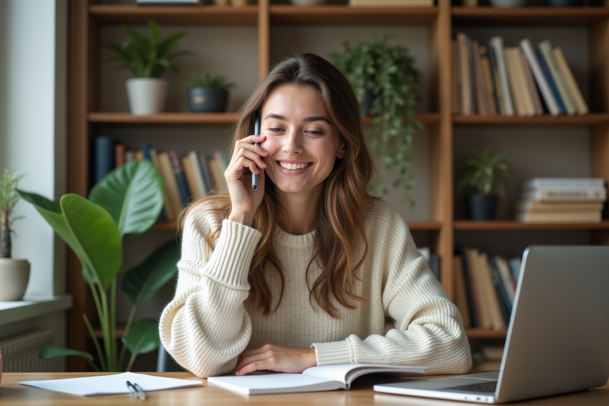 Jeune femme parlant au téléphone dans un espace de travail cosy