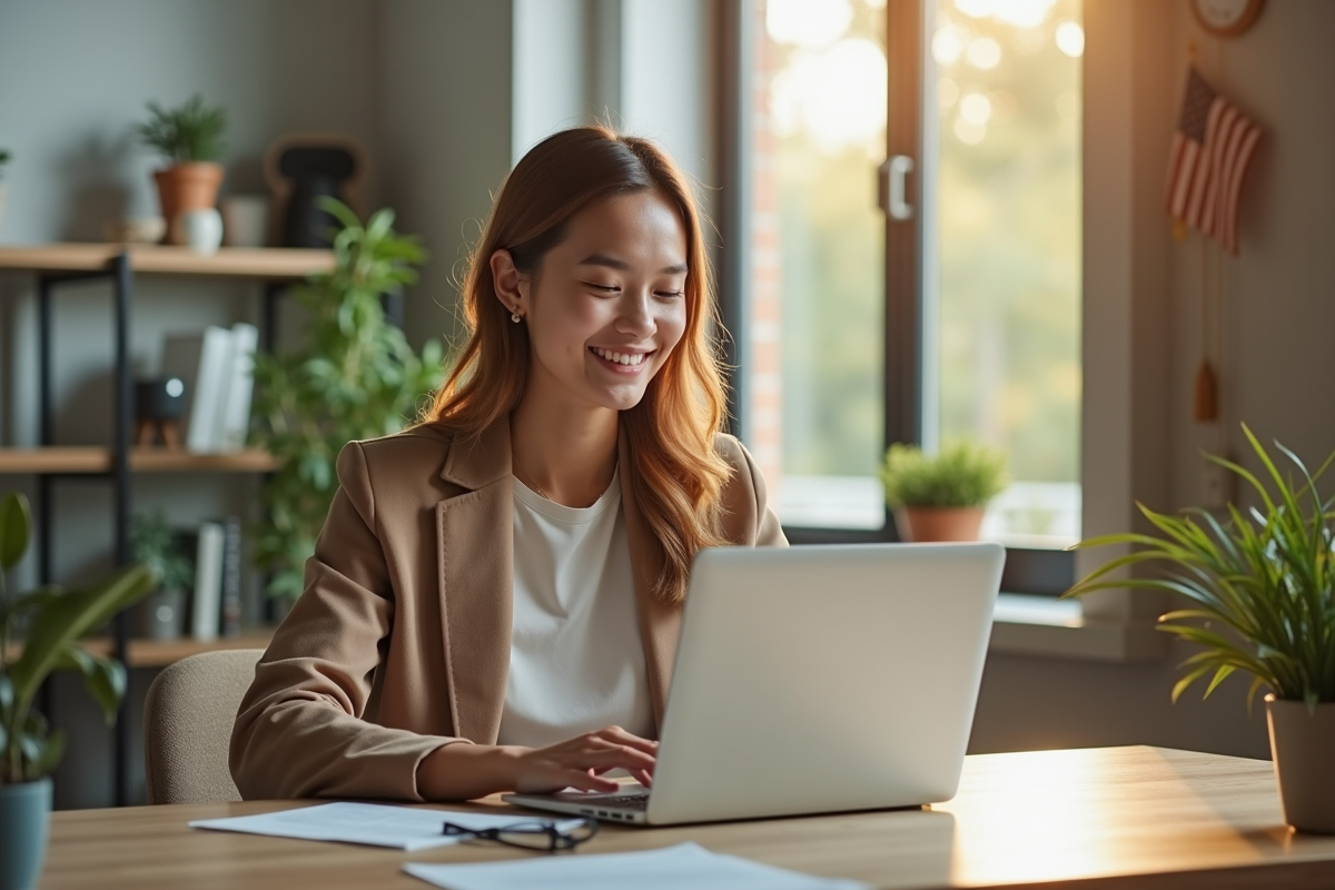 Jeune femme souriante en visioconference dans un bureau moderne