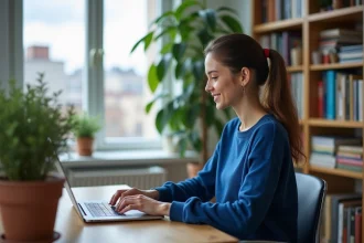 Jeune femme connectee sur son ordinateur dans un appartement moderne