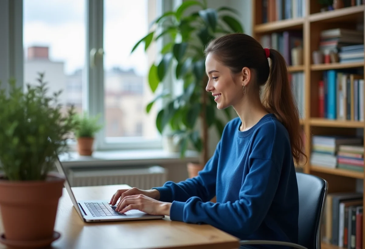 Jeune femme connectee sur son ordinateur dans un appartement moderne