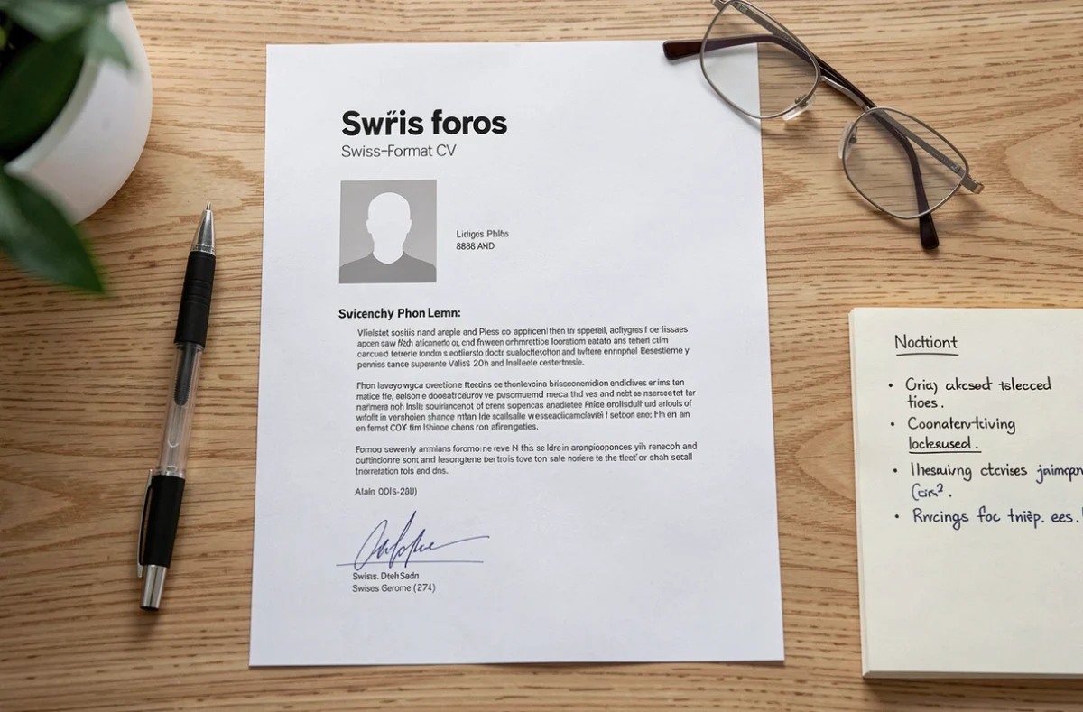 Flat lay d'un CV format suisse imprimé sur un bureau en bois clair avec stylo et lunettes