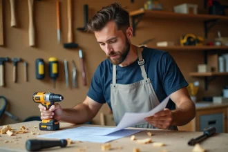 Homme adulte apprenant le bricolage dans un atelier bien organisé, étudiant une fiche technique avec une perceuse à la main