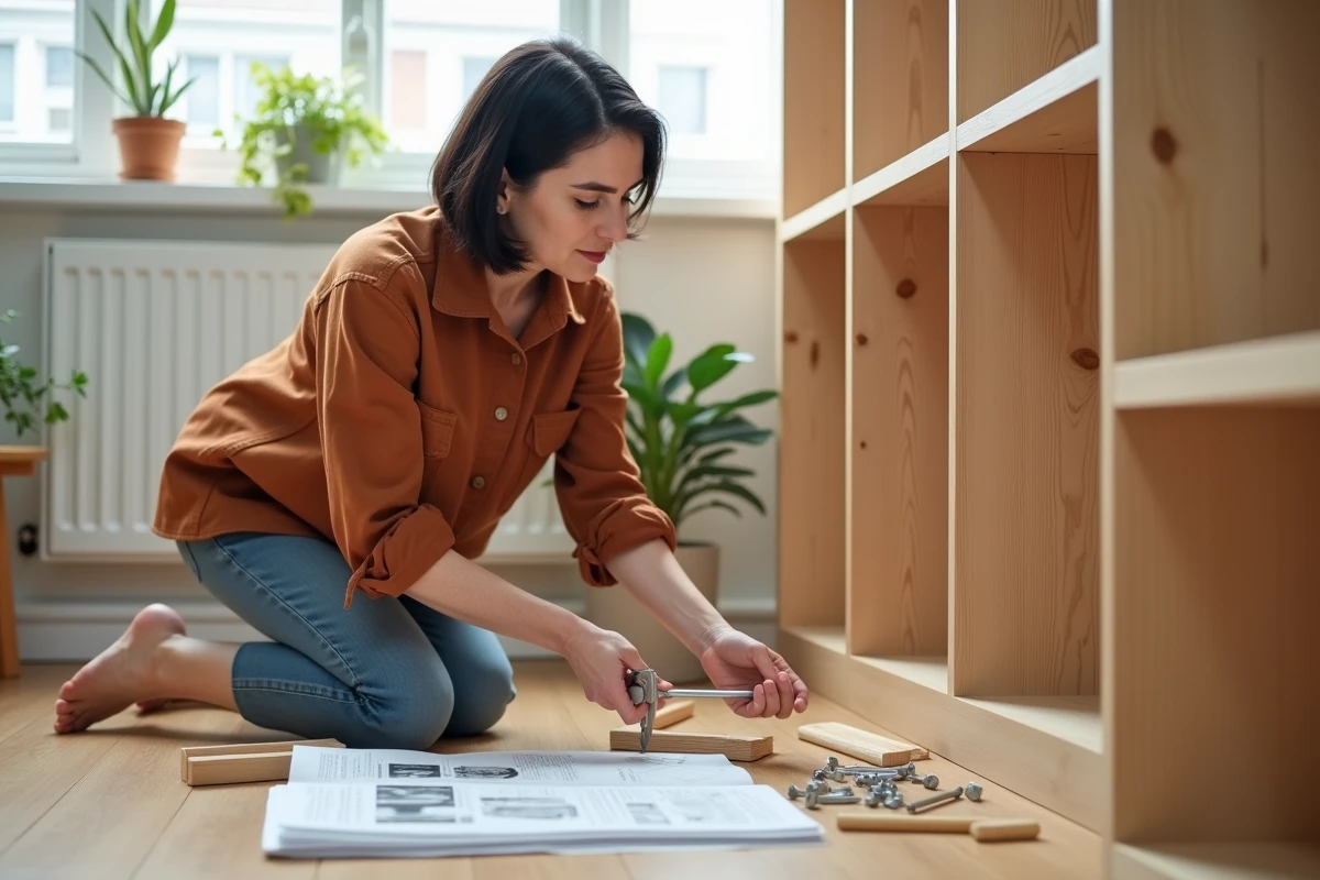 Femme assemblant des meubles en bois dans un salon, suivant les instructions d'un guide de formation bricolage