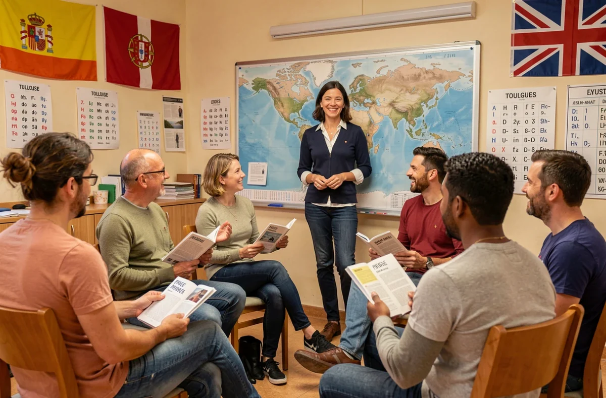 Enseignante animant un cours de langues étrangères pour adultes dans une salle de formation à Toulouse