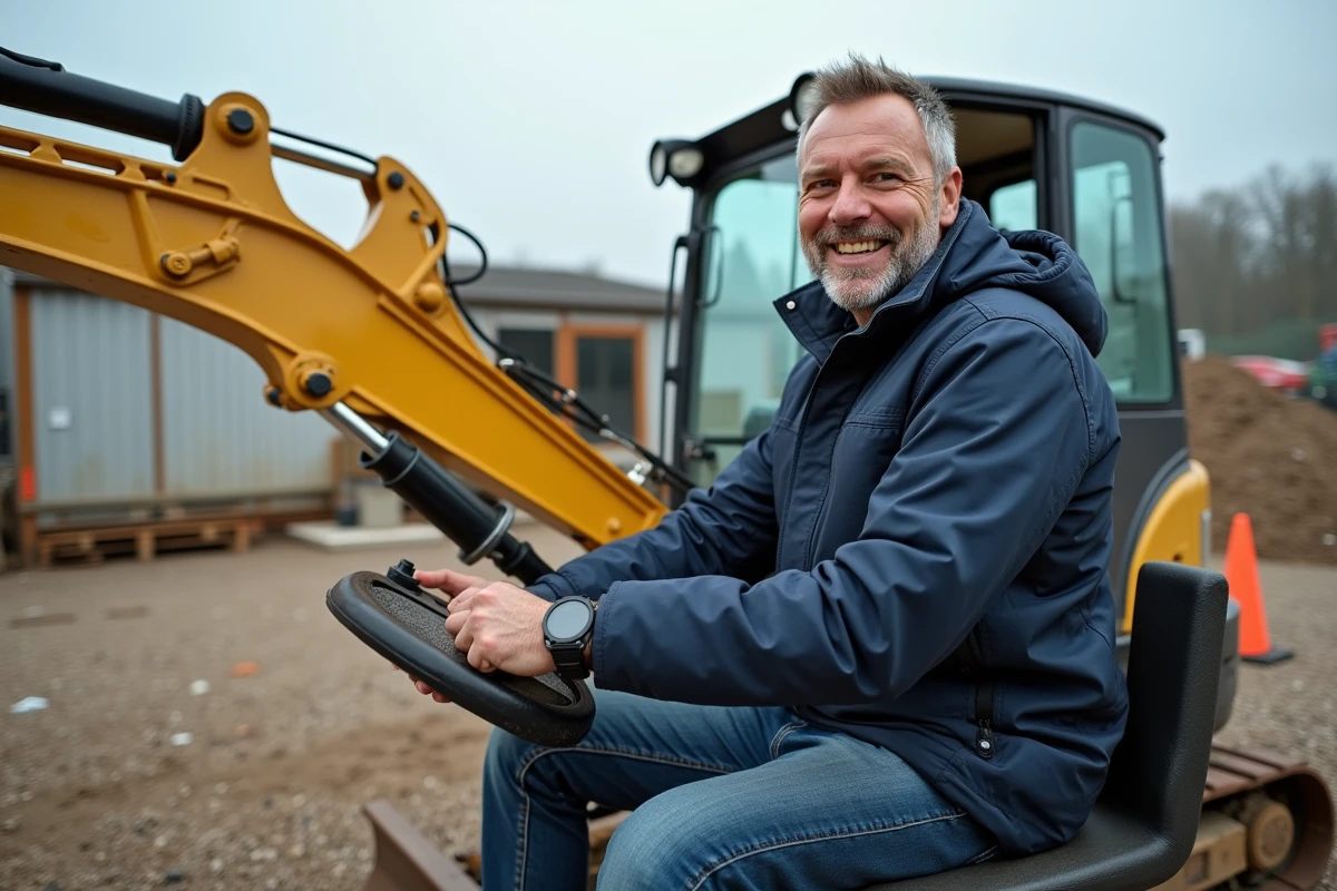 Homme en reconversion apprenant à conduire un engin de chantier lors d'une formation BTP pratique