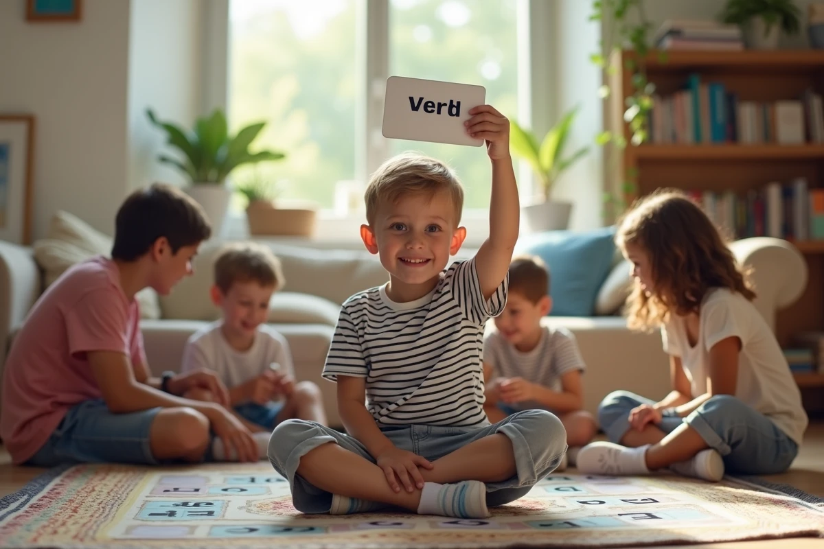 Garçon dans un salon jouant avec un jeu de verbes français