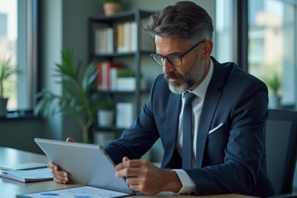 Manager financier homme en réunion avec tablette et graphique