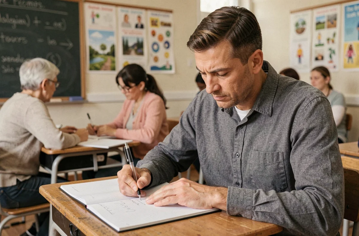 Adulte en formation dans une salle de classe d'un GRETA de Nice sous l'Éducation nationale