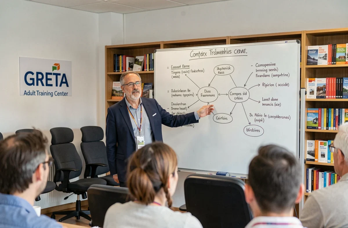 Formateur du GRETA Somme animant un cours de formation continue devant un tableau blanc avec des adultes en reconversion professionnelle