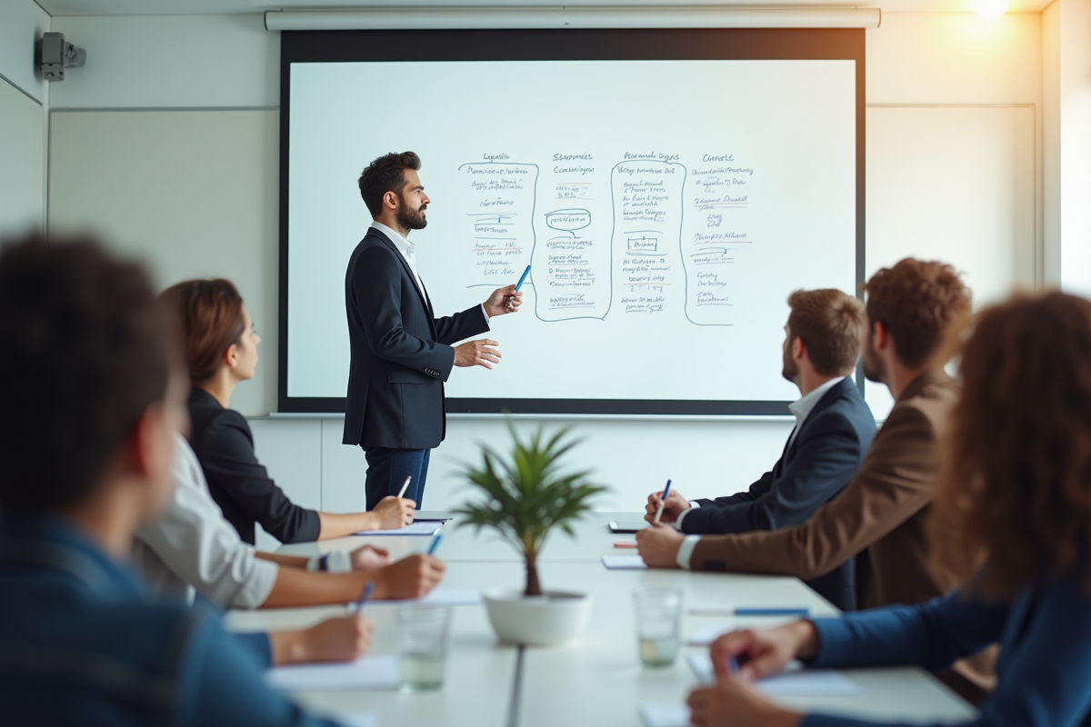 Groupe d'adultes en salle lumineuse avec tableau blanc