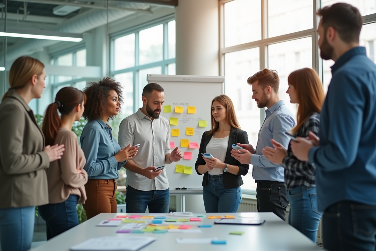 Groupe diversifié en brainstorming dans un bureau lumineux