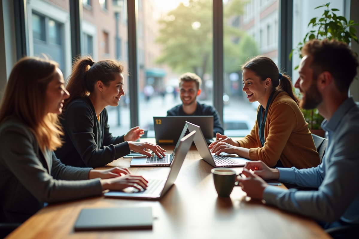 Groupe divers de personnes collaborant dans un espace de coworking lumineux