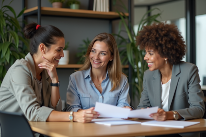 Groupe de trois adultes en réunion de travail dans un bureau moderne